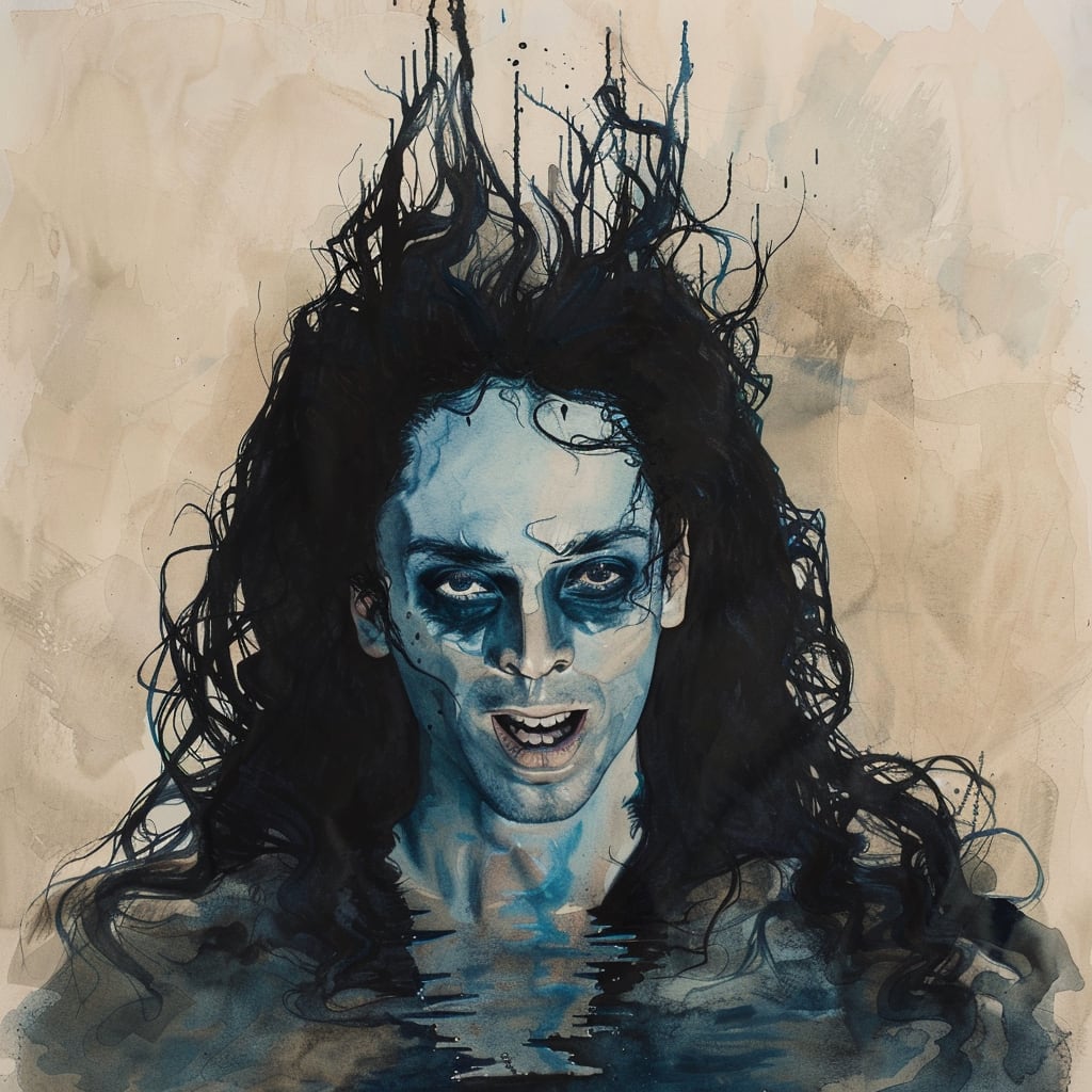 Watercolor painting of evil long-haired man preview image